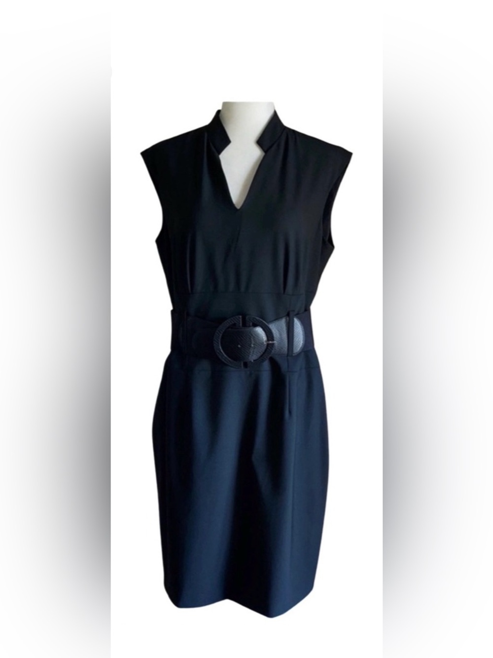 ANTONIO MELANI Black V-Neck Cap Sleeve Belted Sheath Dress